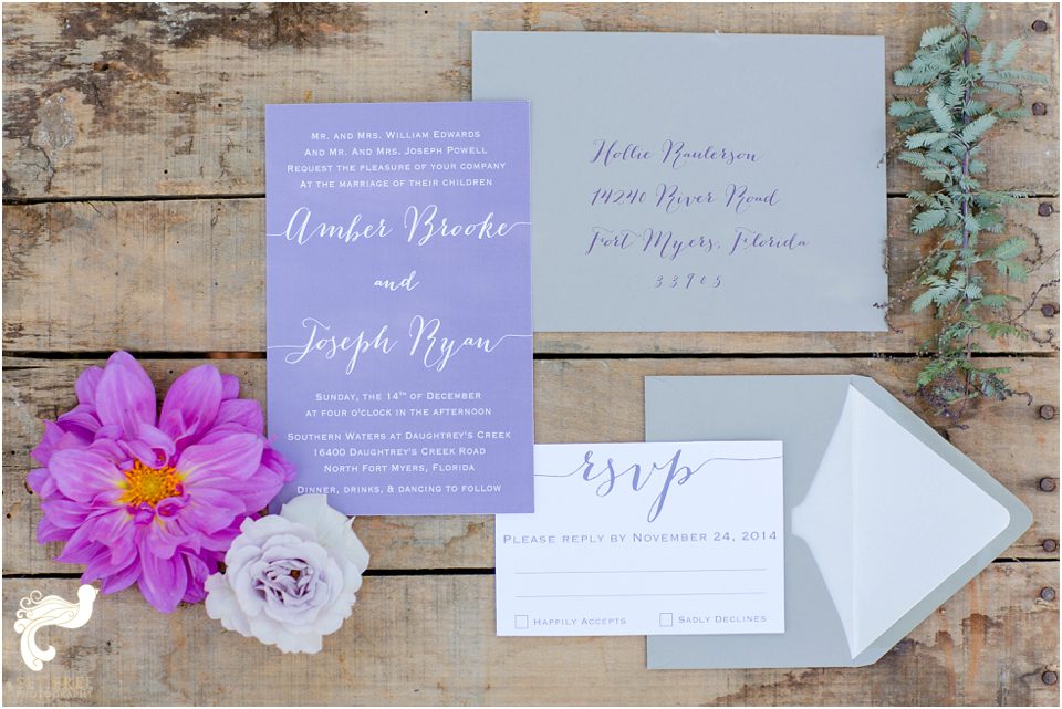 wedding invitation purple calligraphy set free photography florida wedding southern waters